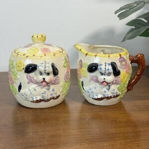 Vintage Japan Anthropomorphic Puppy Creamer Sugar Bowl Set Rag Doll Dog